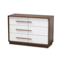 Baxton Studio LV3COD3230WI-Columbia/White-6DW-Dresser Mette Mid-Century Modern Two-Tone White and Walnut Finished 6-Drawer Wood Dresser